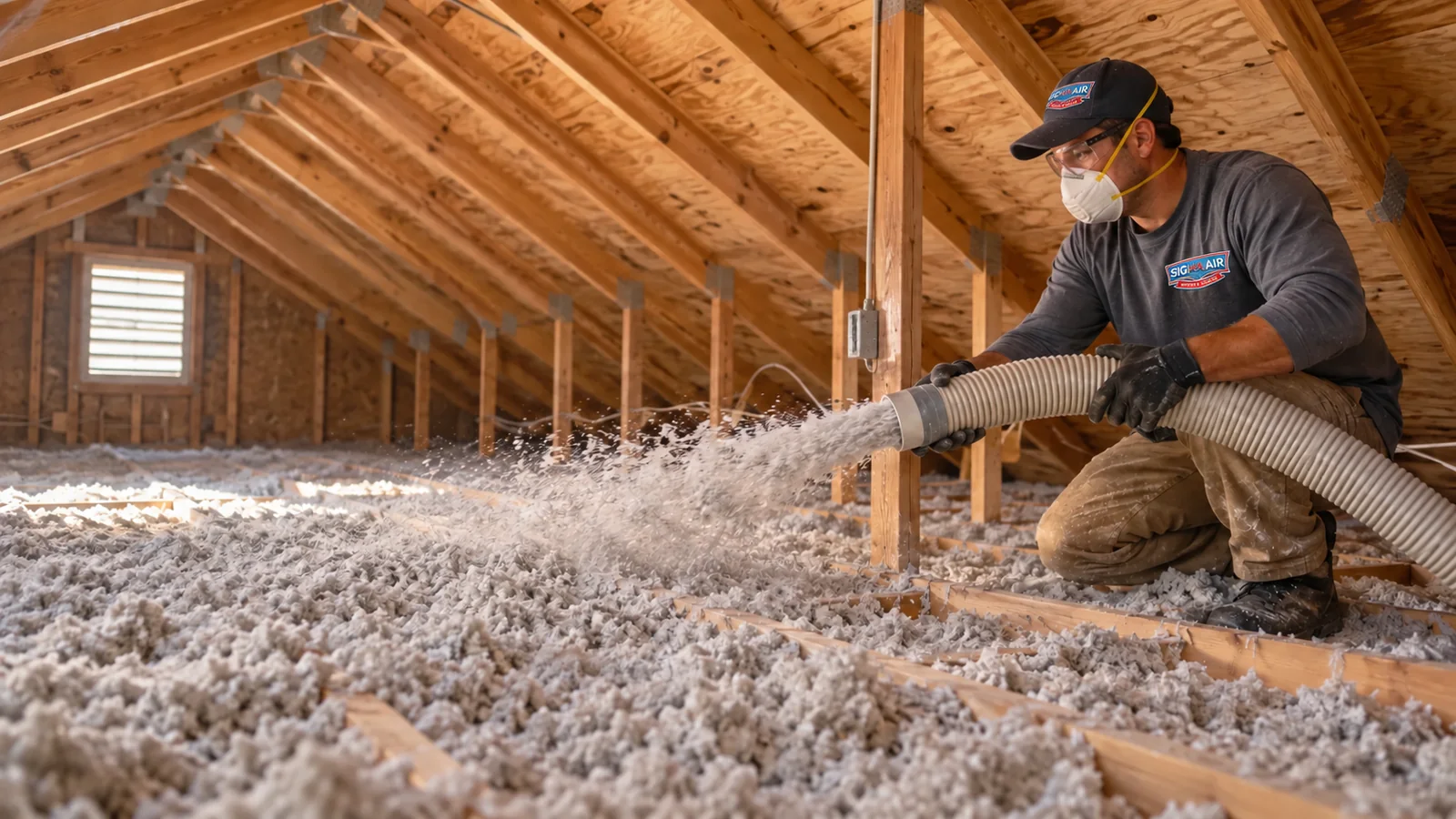 Sigma Air technician installing loose-fill blown-in insulation in a residential attic