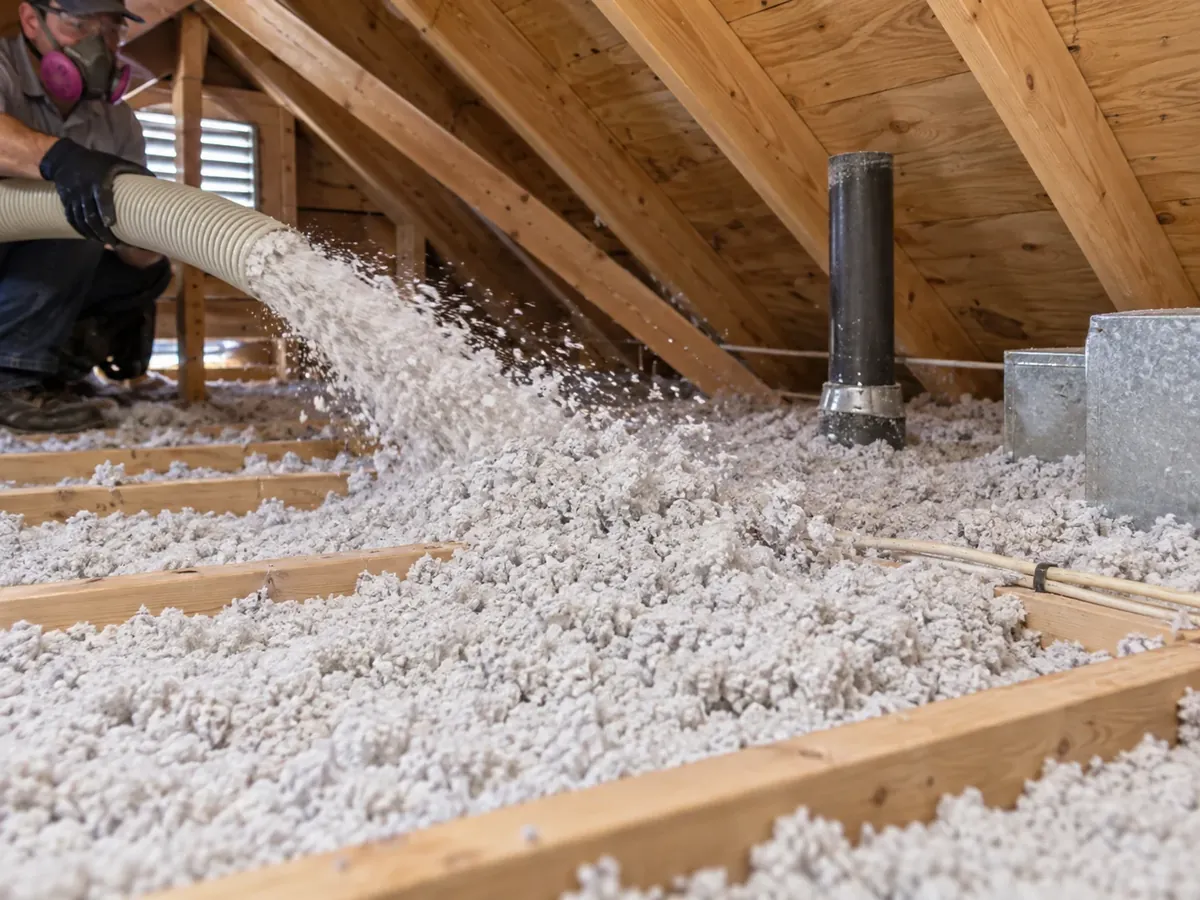 Fresh loose-fill blown-in insulation being installed across an attic floor