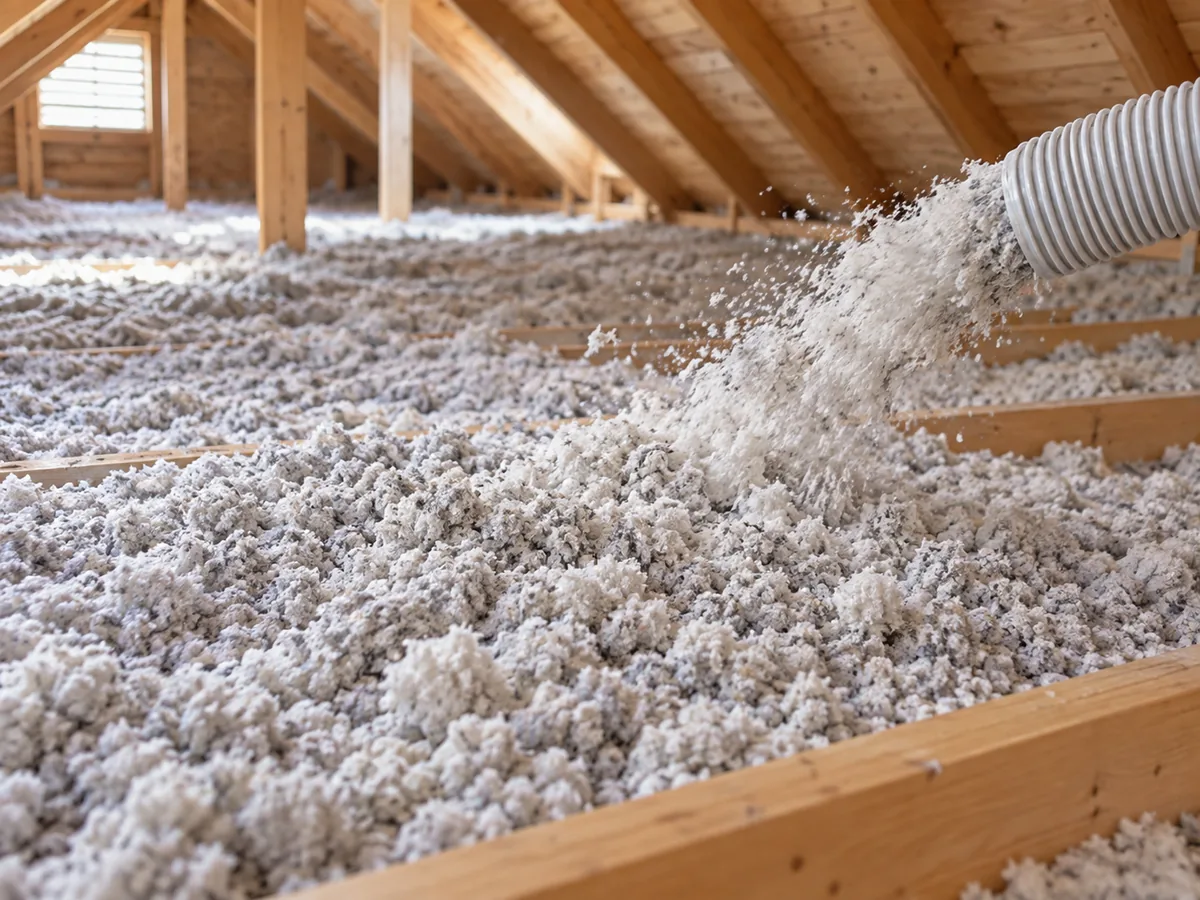 Loose-fill blown-in insulation being distributed across a residential attic floor